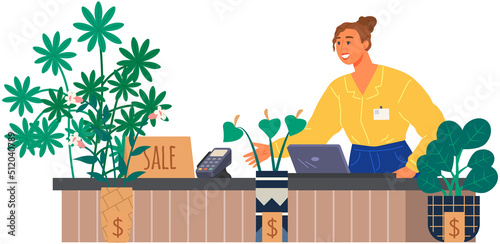 Woman sells plants and flowers. Florist works in flower shop. Lady stands at checkout near counter with houseplants in flowerpots in store. Cultivation, floristry, floriculture, growing plants concept