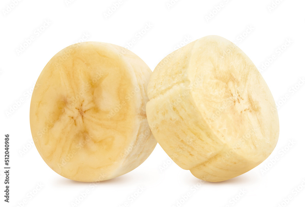 Two delicious banana pieces, isolated on white background Two delicious banana pieces, isolated on white background