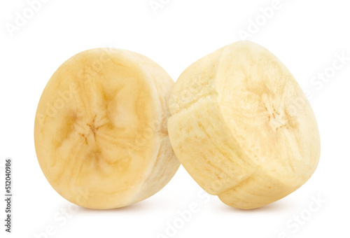 Two delicious banana pieces, isolated on white background