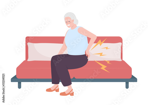 Elderly woman suffering from lower back pain semi flat color vector character. Editable figure. Full body person on white. Simple cartoon style illustration for web graphic design and animation