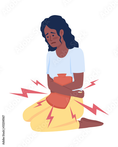 Ill looking young woman with heating pad semi flat color vector character. Editable figure. Full body person on white. Simple cartoon style illustration for web graphic design and animation