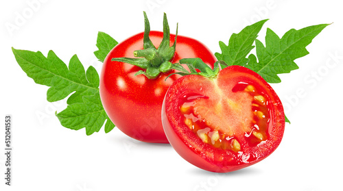 fresh tomato with slice and green leaves isolated on white background. clipping path