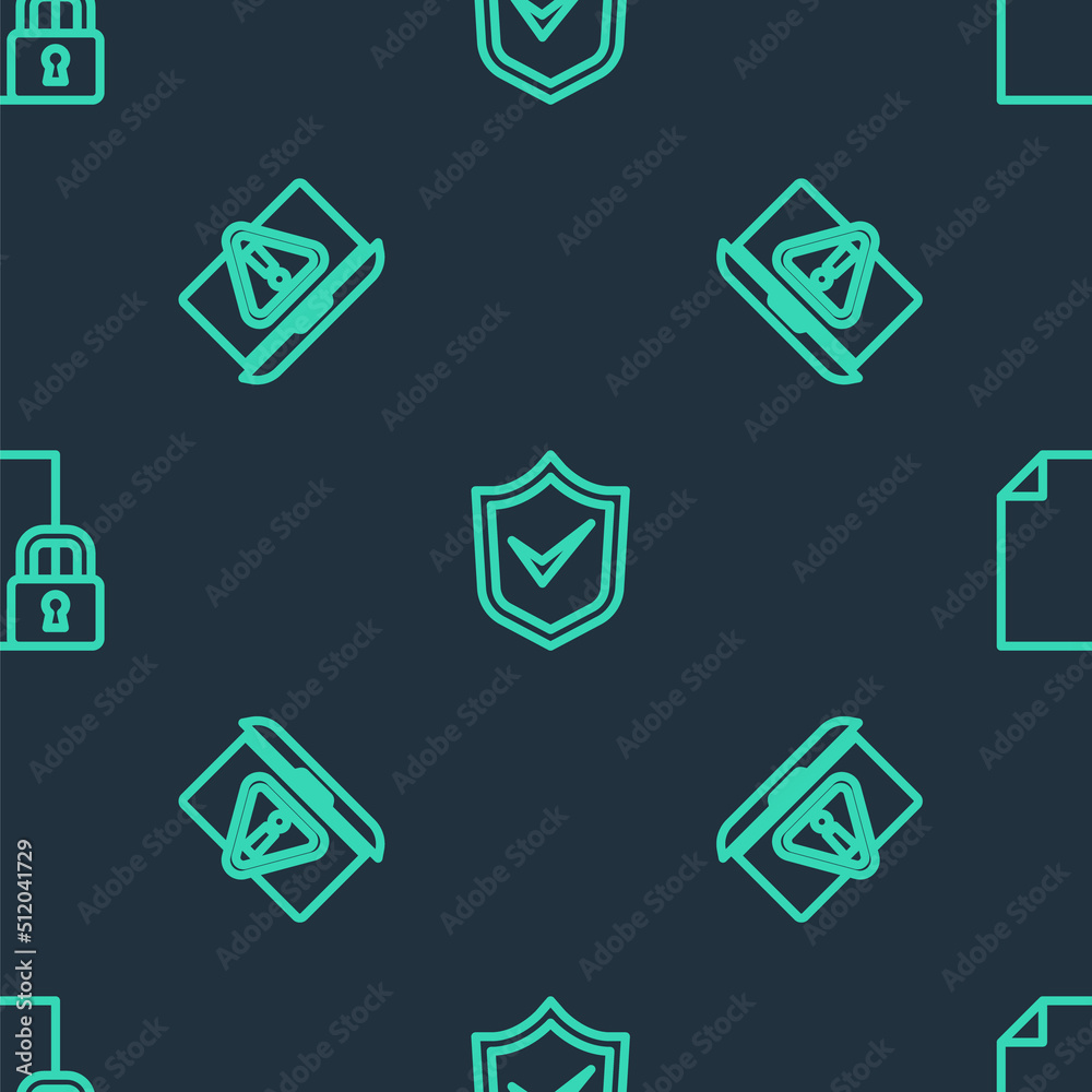 Set line Shield with check mark, Laptop exclamation and Document and lock on seamless pattern. Vector Set line Shield with check mark, Laptop exclamation and Document and lock on seamless pattern. Vector