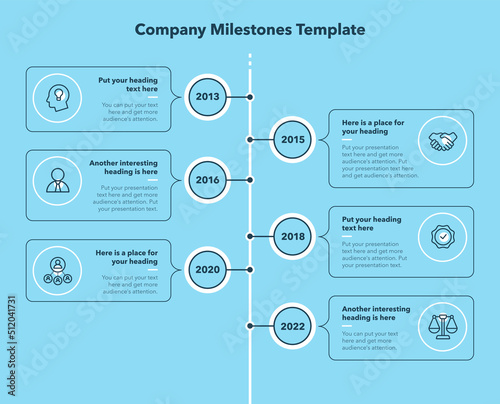 Company milestones template with six steps - blue version. Easy to use for your website or presentation.