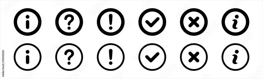Exclamation mark icons set, info, information, quest, question, Check mark, symbol, buttons, vector illustration Exclamation mark icons set, info, information, quest, question, Check mark, symbol, buttons, vector illustration