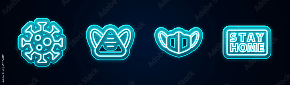 Set line Virus, Medical protective mask, and Stay home. Glowing neon icon. Vector Set line Virus, Medical protective mask, and Stay home. Glowing neon icon. Vector
