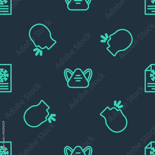 Set line Medical protective mask, Man coughing and Clipboard with blood test results on seamless pattern. Vector