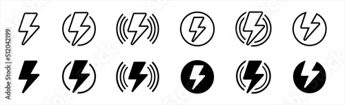 Lightning bolt icon set. Flash electric with wave symbol. Lightning bolt buttons. Thunderbolt flat style sign, vector illustration.