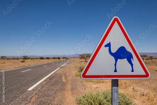 aviso de camellos en libertad, carretera de M’Hamid, región de Zagora,Marruecos, Africa photo