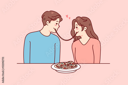 Happy couple having romantic date in restaurant eating pasta together. Man and woman enjoying romance in cafe. Flat vector illustration. 