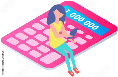 Businesswoman makes count with calculator. Female employee counting numbers with electronic device. Woman conducts calculations of data. Accountant working with financial data vector illustration