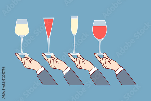 Hands holding diverse glasses with alcoholic beverages. Sommelier tasting alcohol. Party or celebration. Drinks at bar. Flat vector illustration. 