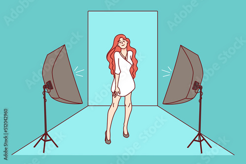 Woman model shooting with lights in studio for advertising. Smiling female have photoshoot posing for fashion campaign. Flat vector illustration. 