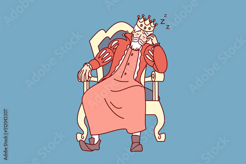 Bored king with crown on head fall asleep in chair. Tired monarch sleeping in armchair. Exhaustion and fatigue. Vector illustration. 