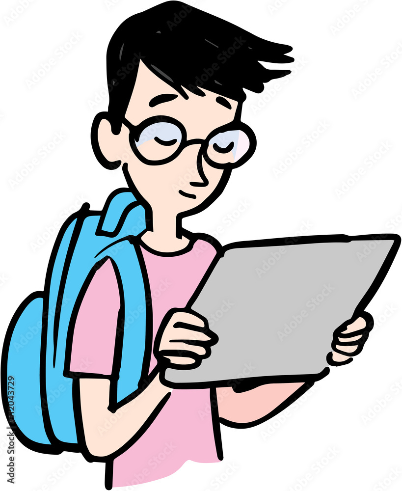Asian student with glasses looks at a tablet Asian student with glasses looks at a tablet