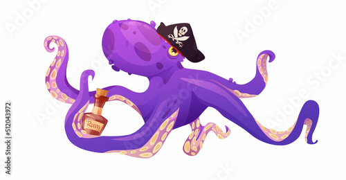 Purple octopus in pirate hat with bottle of rum. Cartoon vector illustration. Sea cute animal
