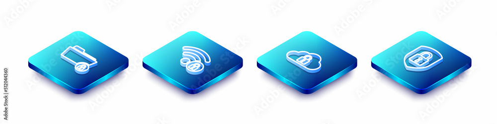 Set Isometric line Folder and lock, Wifi locked, Cloud computing and Shield security with icon. Vector Set Isometric line Folder and lock, Wifi locked, Cloud computing and Shield security with icon. Vector