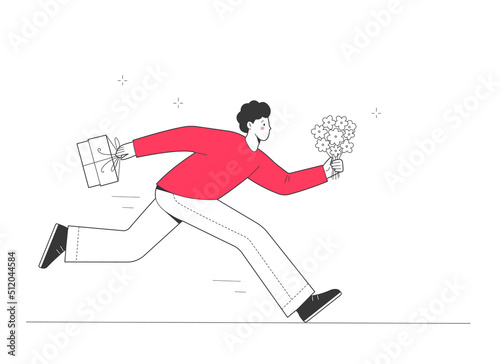 Person is in a hurry to congratulate on the holiday. Man runs with gift and bouquet of flowers.