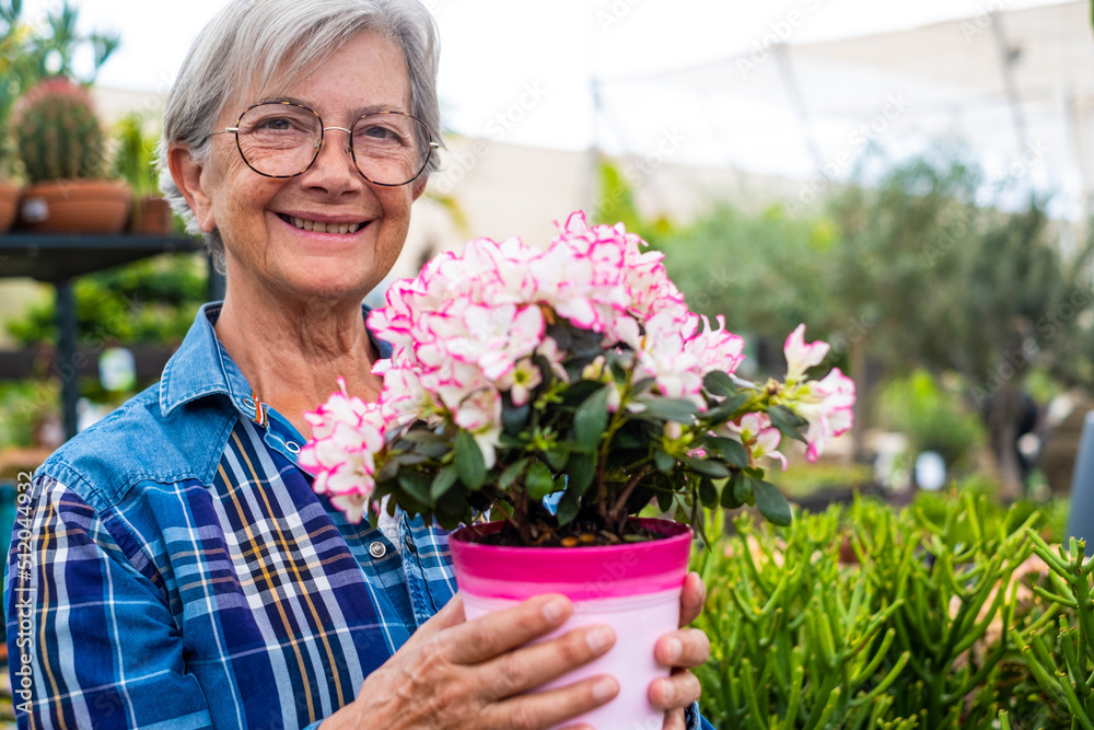 Happy senior caucasian woman in checkered shirt enjoying shopping in the greenhouse selecting pots of plants and flowers for her garden Happy senior caucasian woman in checkered shirt enjoying shopping in the greenhouse selecting pots of plants and flowers for her garden