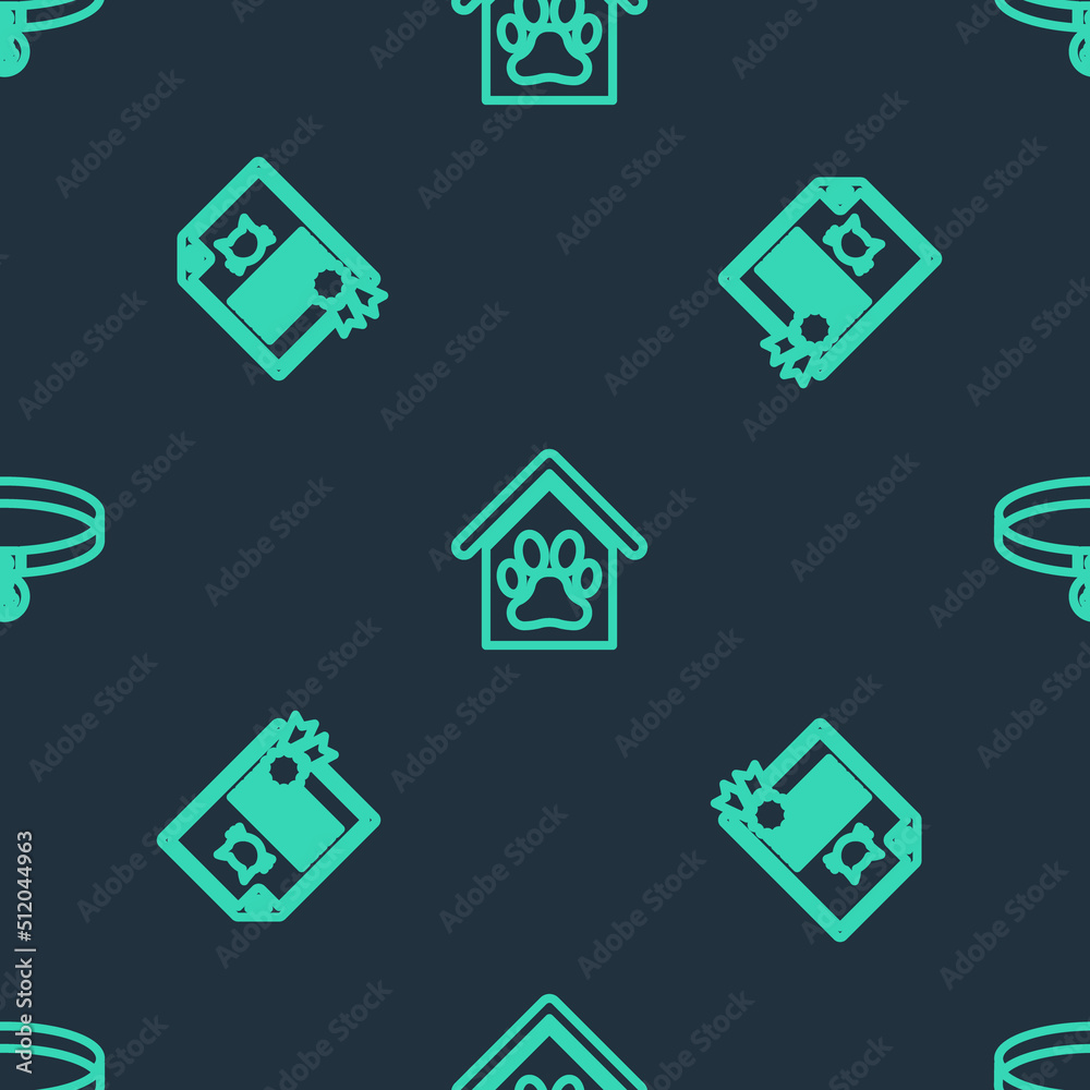 Set line Dog house and paw print pet, Certificate for dog or cat and Collar with name tag on seamless pattern. Vector Set line Dog house and paw print pet, Certificate for dog or cat and Collar with name tag on seamless pattern. Vector
