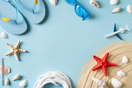 Summer vacation and beauty sand mock up with starfish and sand on blue background