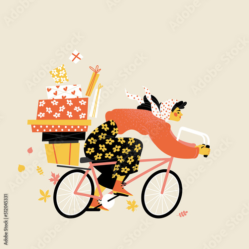 Autumn sale. Vector illustration with a funny girl on a bicycle with purchases.