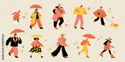 Hello  Autumn  Set of vector illustrations of people in warm clothes with umbrellas