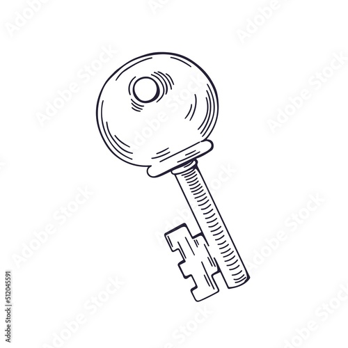Black and white drawing of door key. Outlined woodcut engraving of isolated l...