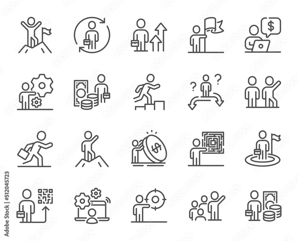 Business people line icons. Leadership flag, person skill and maze labyrinth set. Goal flag, management strategy and human skill line icons. Business leadership, social target, collaboration. Vector