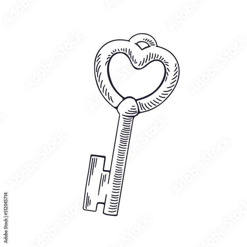 Engraved outlined door key with heart-shaped bow. Detailed drawing in vintage...