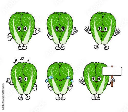 Funny cute Chinese cabbage characters bundle set. Vector hand drawn doodle style traditional cartoon vintage, retro character illustration icon design. Isolated white background. Happy cabbage mascot