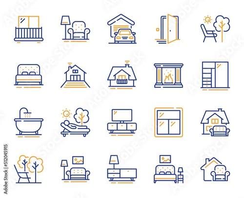 Furniture line icons. Balcony, house terrace and garden deckchair set. Home furniture, bath tub and fireplace line icons. Resort terrace and balcony, outdoor chair. Sliding wardrobe. Vector