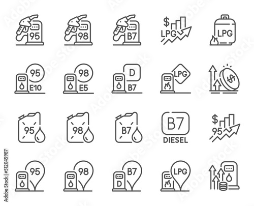 Filling station line icons. Petrol canister, B7 diesel fuel and gas cylinder set. Lpg, fuel filling station and 95 petrol canister line icons. Liquefied gas, rising prices and oil energy. Vector