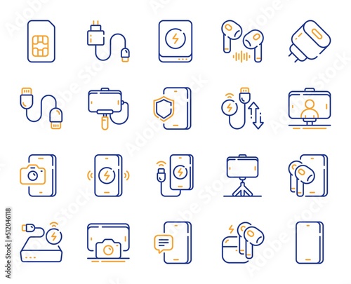 Mobile accessories line icons. Sim card, selfie stick and wireless charger set. Power bank battery, mobile headphones and usb type-c cable line icons. Fast charger, phone accessories. Vector