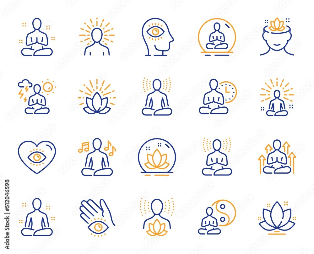 Vecteur Stock Yoga meditation line icons. Body balance, person relax and  energy meditation set. Mind harmony, health meditate and self concentrate  line icons. Listen relax sound, yoga mind therapy. Vector | Adobe