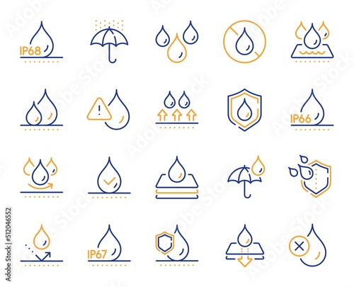 Waterproof line icons. Durable fabric surface, ip68 protection and moisture proof. Water repellent, ip67 defense and rain line icons. Flooding, waterproof fabric and water resistant. Vector