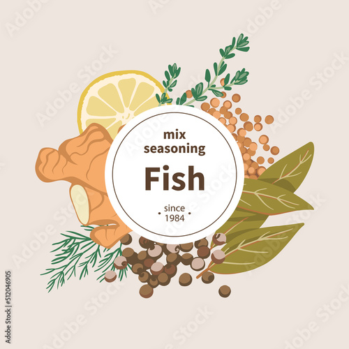 Seasoning cover concept spices for fish Ginger, Bay leaf, Allspice, Thyme, lemon, Mustard, Dill. Top view. Flat style