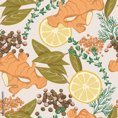 Seamless pattern Set of spices for fish Ginger, Bay leaf, Allspice, Thyme, lemon, Mustard, Dill. Top view. Flat style photo