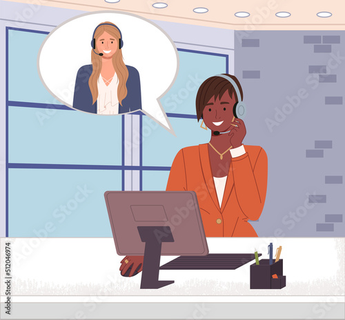 Call center hotline, communication with client via network. Online dispatch worker, phone service operator. Remote service specialist with headphones. Woman customer support employee in office