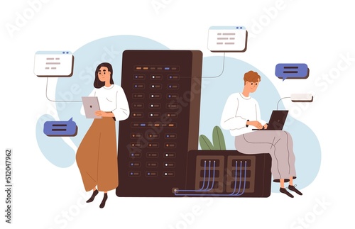 CMS development, abstract software architecture, information technology work concept. Administration, management of content system and data base. Flat vector illustration isolated on white background