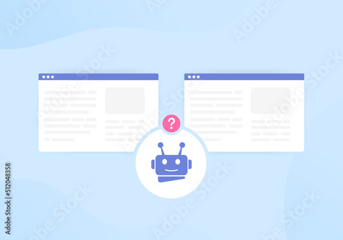 Duplicate Content and SEO concept. The search robot finds the same duplicate or closely similar web page content on the site and does not know which one to add to the search engine results pages photo