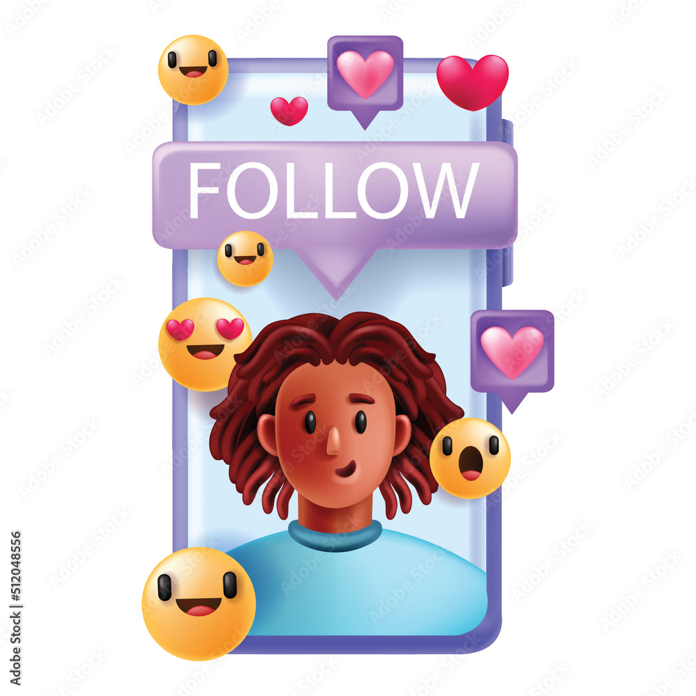3D social media concept, vector follow bubble, smartphone screen, love heart sign, smiling man. Internet online communication app, user avatar page, network message. Social media marketing clipart 3D social media concept, vector follow bubble, smartphone screen, love heart sign, smiling man. Internet online communication app, user avatar page, network message. Social media marketing clipart