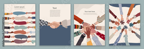 Community team business colleagues. Agreement or business between group co-worker. Editable brochure template flyer leaflet cover poster. Hands holding puzzle and speech bubble. Handshake