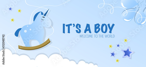 its a boy welcome greeting card for childbirth vector illustration