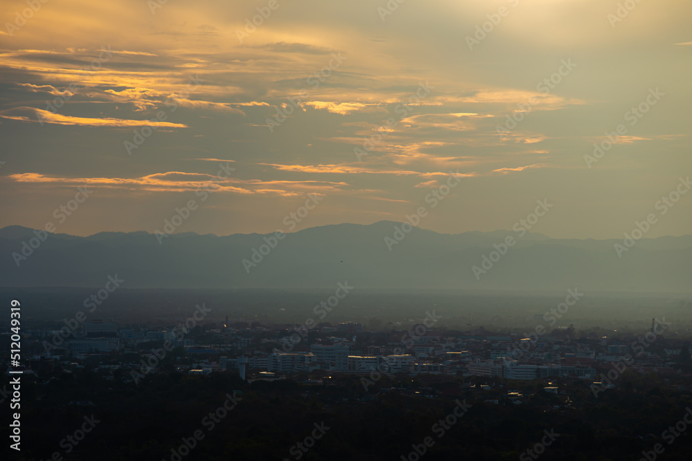 Gorgeous panorama scenic of the sunrise or Sunset with Colorful dramatic sky and clouds on the orange sky