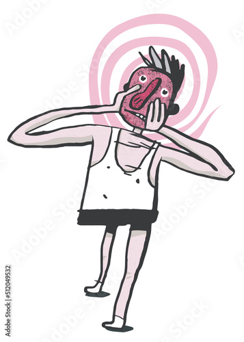 Unhappy man squeezing head with hands. Suffering from headache. Comic personage. Vector illustration