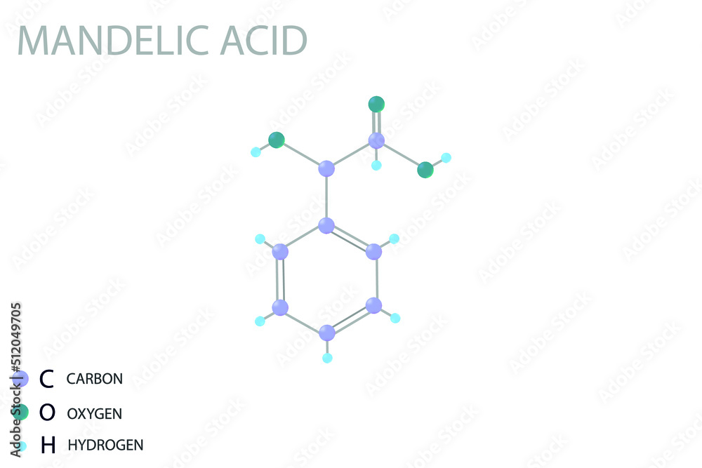 Mandelic acid molecular skeletal 3D chemical formula. Mandelic acid molecular skeletal 3D chemical formula.