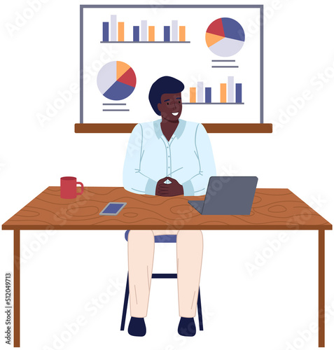 Analytics information and development statistics. Web analysis measure, product testing technology. Man analyses dashboard seo optimization, digital report. Statistical indicators and data on diagram