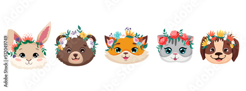Cute animal faces with flower crowns. Vector cartoon illustrations for nursery design, birthday greeting cards, baby shower posters and children print textile. Rabbit bear fox cat and dog