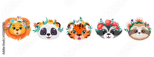 Cute animal faces with flower crowns. Vector cartoon illustrations for nursery design, birthday greeting cards, baby shower posters and children print textile. Lion panda tiger racoon sloth  © Foxelle